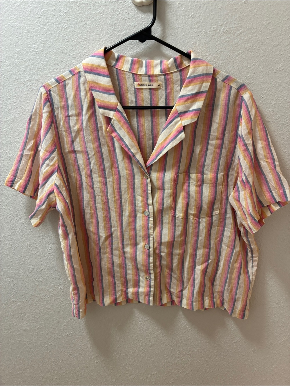 Marine Layer Short-Sleeve Striped Button-Down — Pink, Yellow, Cream